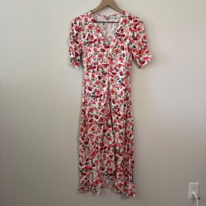 OLD NAVY Womens Floral Ruched V-Neck Midi Dress Size Small Cottagecore Boho Pink